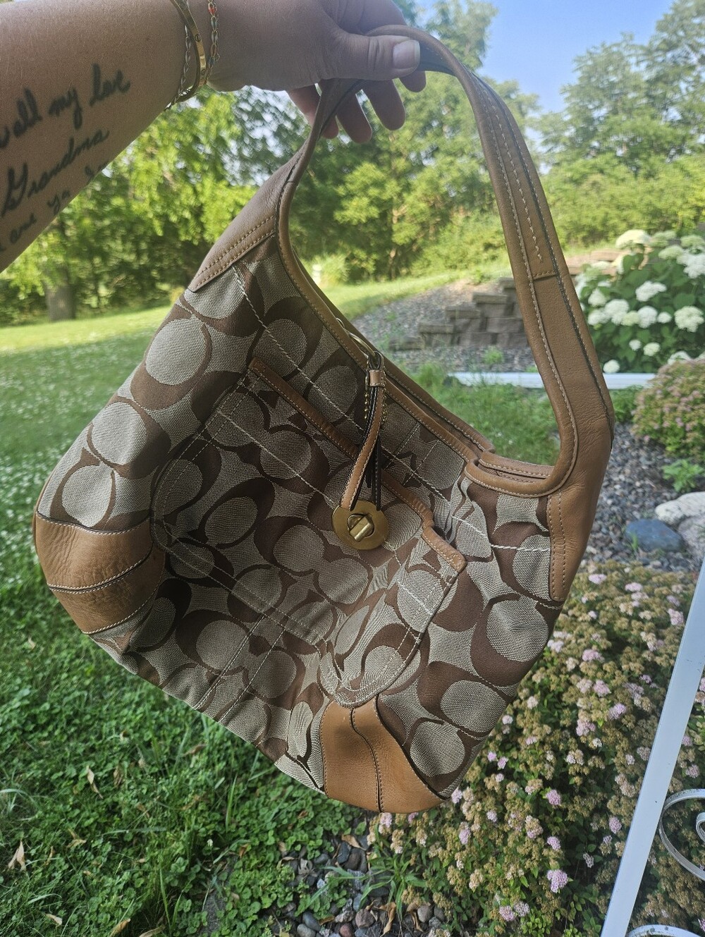 Coach Signature Khaki Brown Jacquard Canvas Shoulder Tote Bag F10765 Y2K - Picture 4 of 7